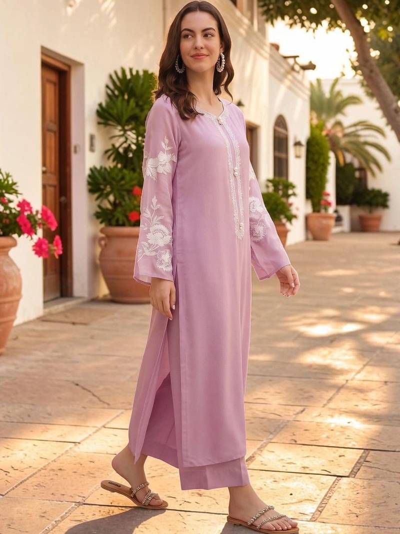 Women Floral Embroidered Regular Thread Work Chanderi Silk Kurta with Trousers