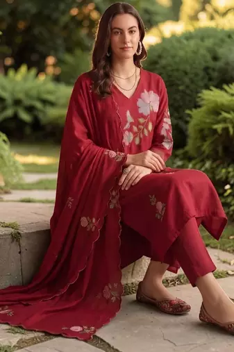 Women Floral Embroidered Regular Thread Work Chanderi Silk Kurta with Trousers & With Dupatta
