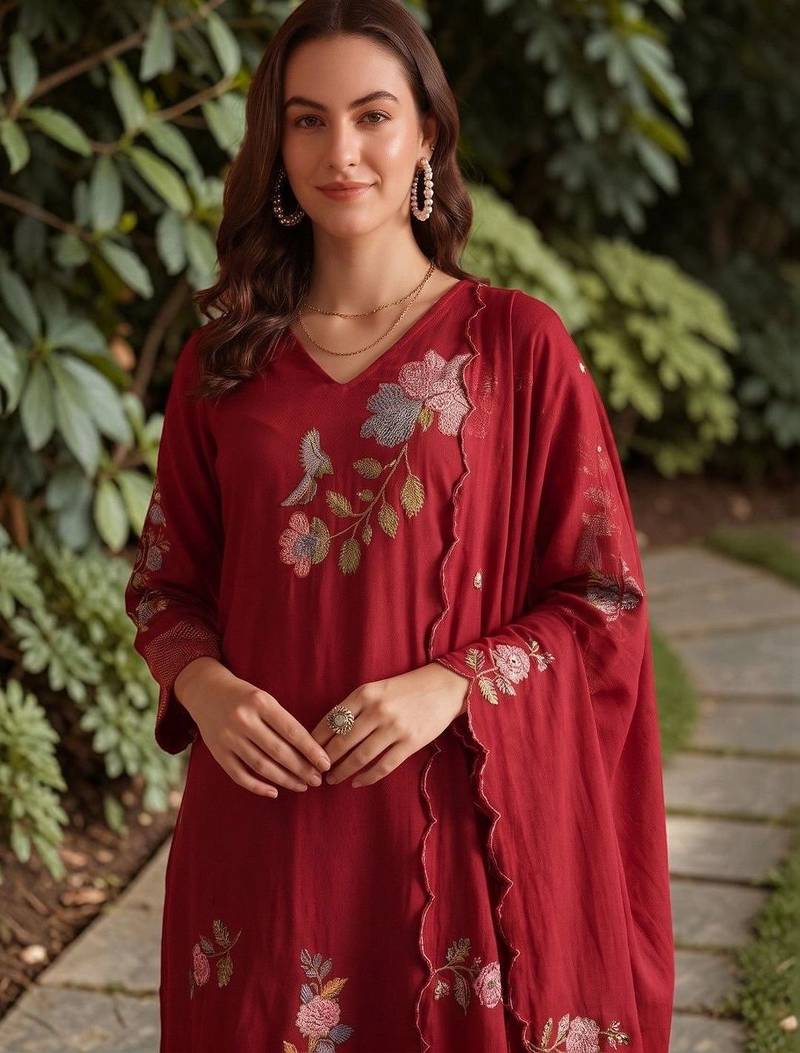 Women Floral Embroidered Regular Thread Work Chanderi Silk Kurta with Trousers & With Dupatta