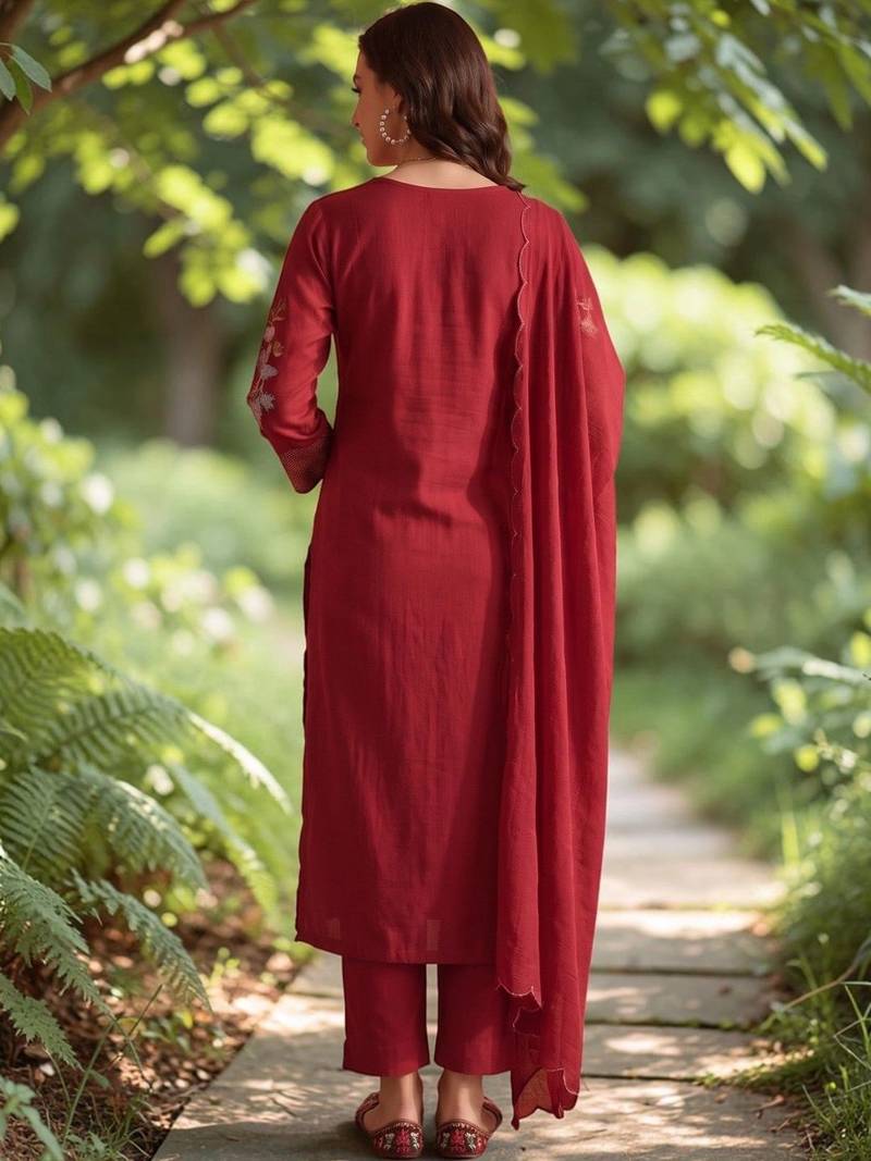 Women Floral Embroidered Regular Thread Work Chanderi Silk Kurta with Trousers & With Dupatta