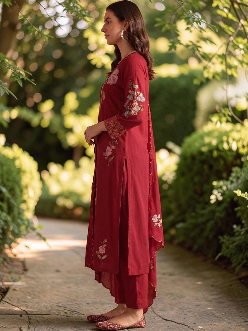 Women Floral Embroidered Regular Thread Work Chanderi Silk Kurta with Trousers & With Dupatta