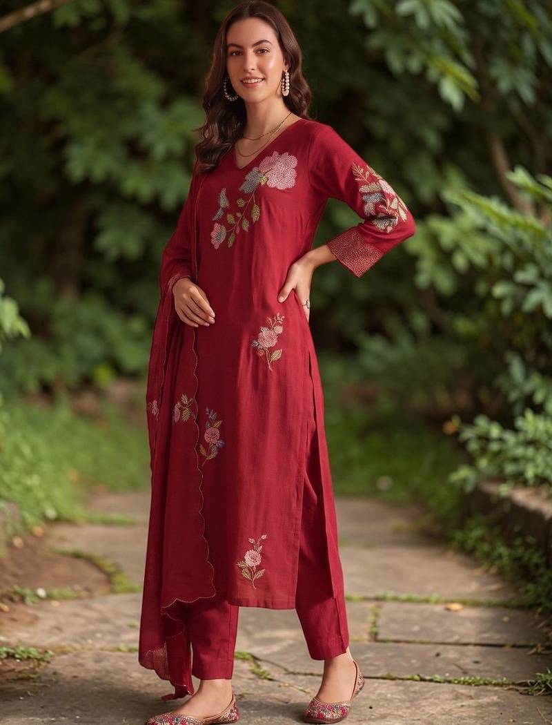 Women Floral Embroidered Regular Thread Work Chanderi Silk Kurta with Trousers & With Dupatta