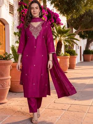 Women Ethnic Motifs Embroidered Regular Thread Work Kurta with Trousers & With Dupatta 1