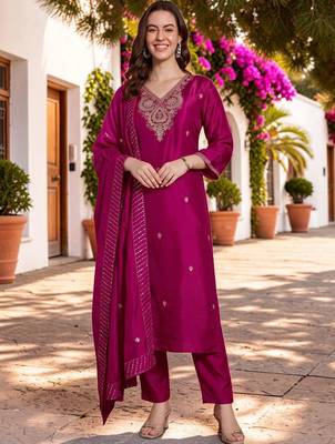 Women Ethnic Motifs Embroidered Regular Thread Work Kurta with Trousers & With Dupatta 2