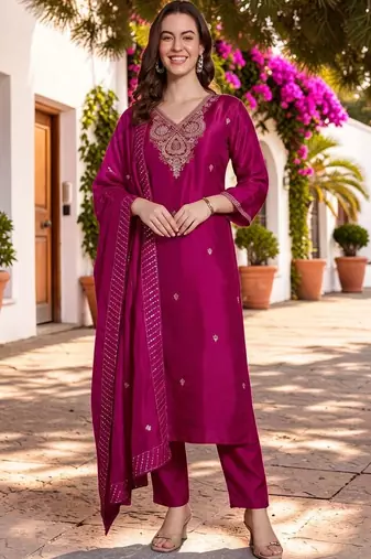 Women Ethnic Motifs Embroidered Regular Thread Work Kurta with Trousers & With Dupatta