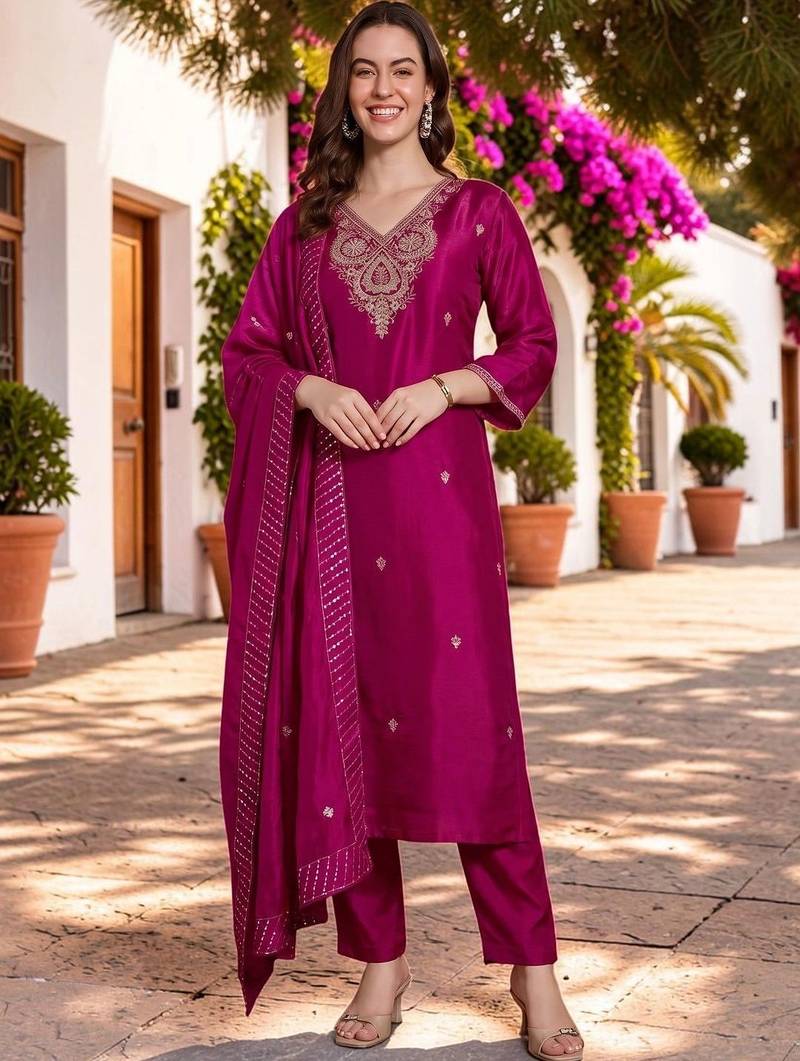 Women Ethnic Motifs Embroidered Regular Thread Work Kurta with Trousers & With Dupatta