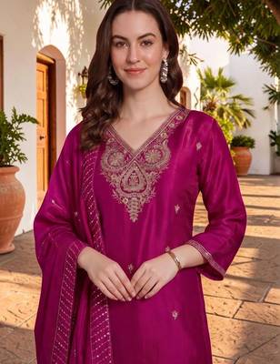 Women Ethnic Motifs Embroidered Regular Thread Work Kurta with Trousers & With Dupatta 3