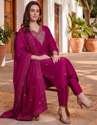 Women Ethnic Motifs Embroidered Regular Thread Work Kurta with Trousers & With Dupatta 7