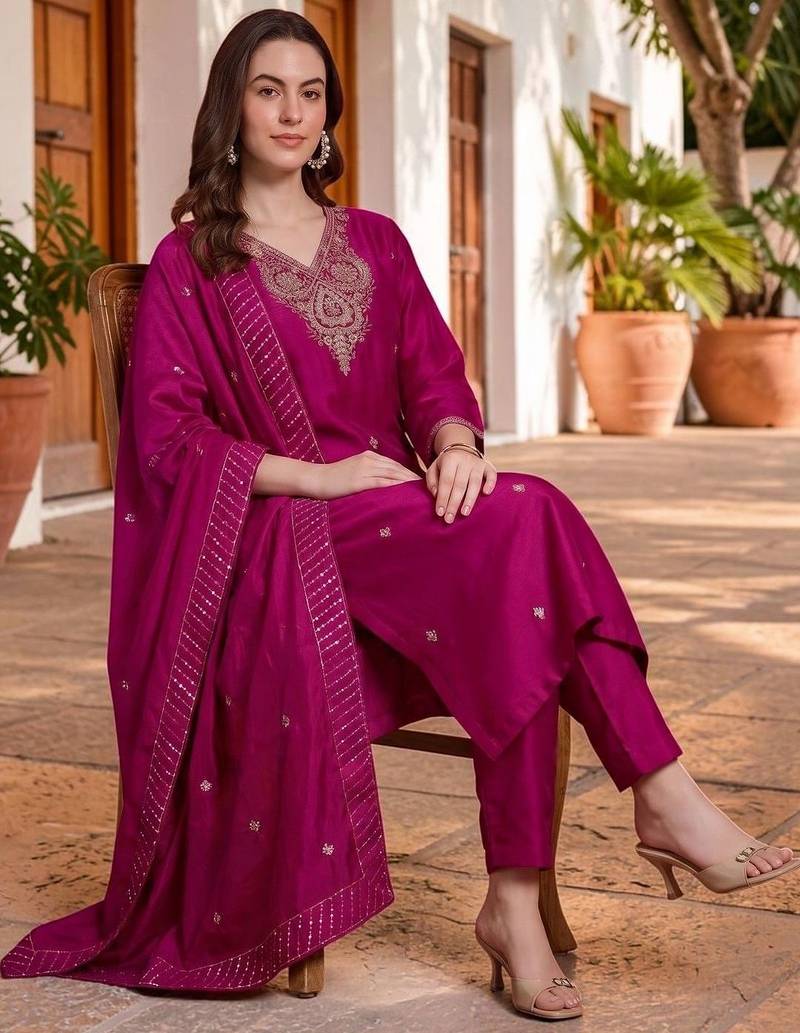 Women Ethnic Motifs Embroidered Regular Thread Work Kurta with Trousers & With Dupatta