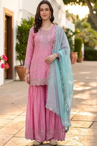 Women Ethnic Motifs Embroidered Regular Kurta with Sharara & With Dupatta