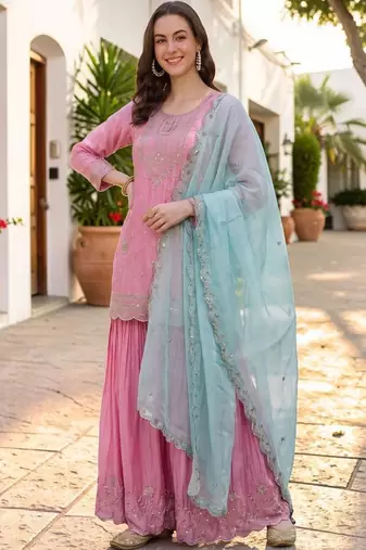 Women Ethnic Motifs Embroidered Regular Kurta with Sharara & With Dupatta