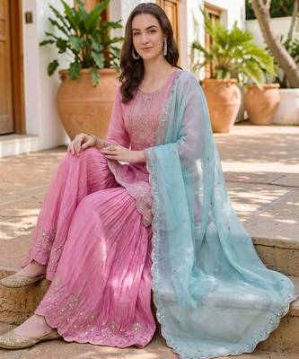 Women Ethnic Motifs Embroidered Regular Kurta with Sharara & With Dupatta 5
