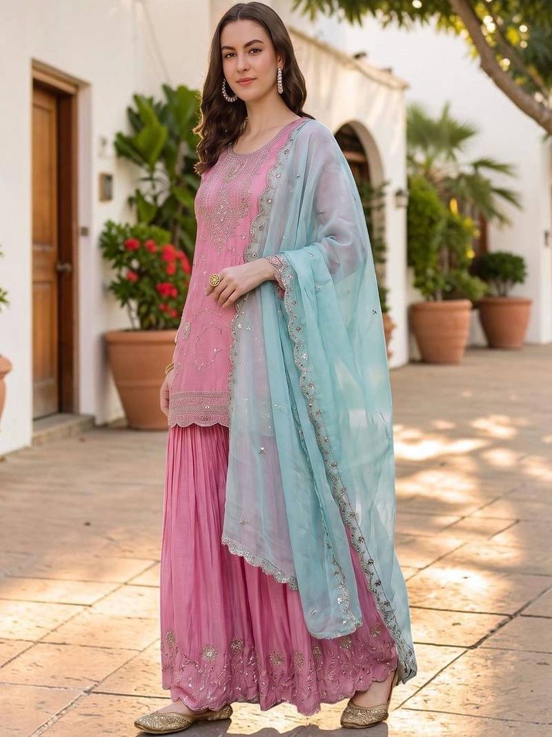 Women Ethnic Motifs Embroidered Regular Kurta with Sharara & With Dupatta