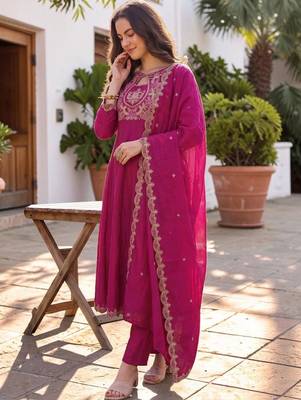Women Ethnic Motifs Embroidered Empire Thread Work Kurta with Trousers & With Dupatta 6