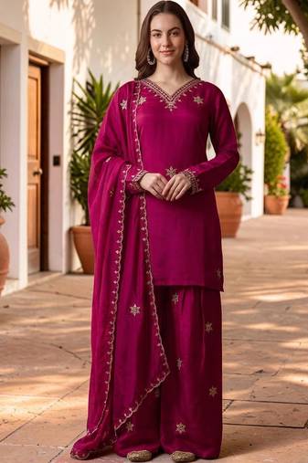 Women Ethnic Motifs Embroidered Regular Kurta with Sharara & With Dupatta
