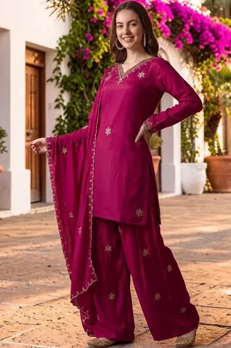 Women Ethnic Motifs Embroidered Regular Kurta with Sharara & With Dupatta