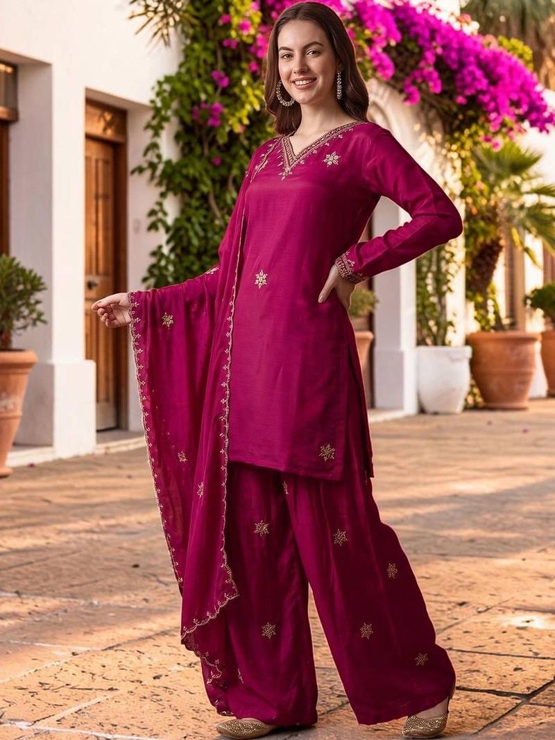 Women Ethnic Motifs Embroidered Regular Kurta with Sharara & With Dupatta