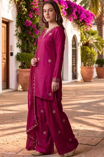 Women Ethnic Motifs Embroidered Regular Kurta with Sharara & With Dupatta