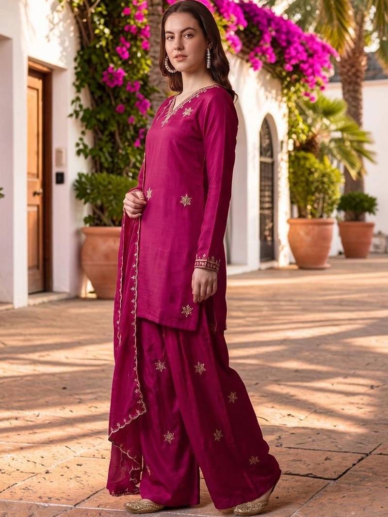 Women Ethnic Motifs Embroidered Regular Kurta with Sharara & With Dupatta