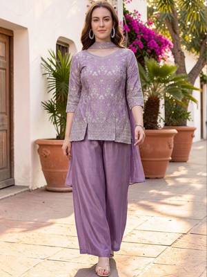 Women Ethnic Motifs Embroidered Regular Thread Work Silk Chiffon Kurta with Palazzos & With Dupatta 1