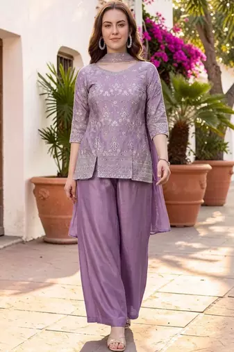 Women Ethnic Motifs Embroidered Regular Thread Work Silk Chiffon Kurta with Palazzos & With Dupatta