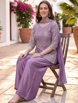 Women Ethnic Motifs Embroidered Regular Thread Work Silk Chiffon Kurta with Palazzos & With Dupatta 2
