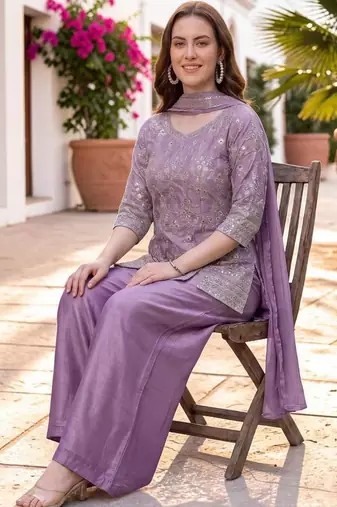 Women Ethnic Motifs Embroidered Regular Thread Work Silk Chiffon Kurta with Palazzos & With Dupatta