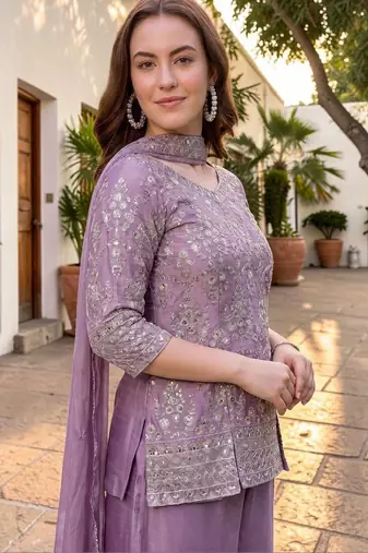 Women Ethnic Motifs Embroidered Regular Thread Work Silk Chiffon Kurta with Palazzos & With Dupatta