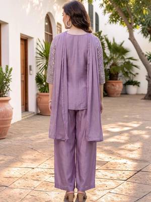 Women Ethnic Motifs Embroidered Regular Thread Work Silk Chiffon Kurta with Palazzos & With Dupatta 4