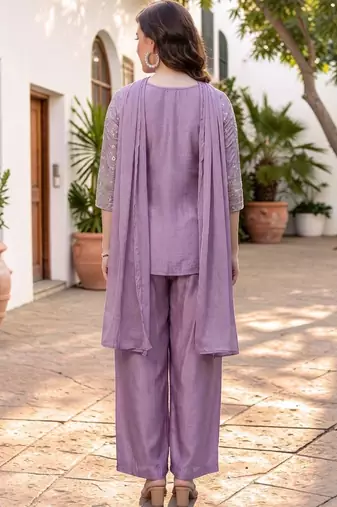 Women Ethnic Motifs Embroidered Regular Thread Work Silk Chiffon Kurta with Palazzos & With Dupatta