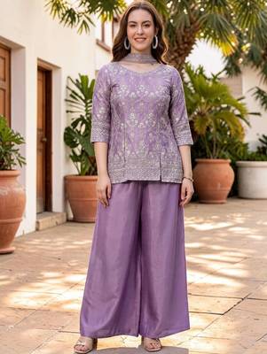 Women Ethnic Motifs Embroidered Regular Thread Work Silk Chiffon Kurta with Palazzos & With Dupatta 5