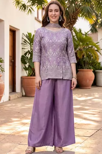 Women Ethnic Motifs Embroidered Regular Thread Work Silk Chiffon Kurta with Palazzos & With Dupatta