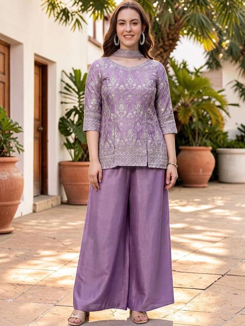 Women Ethnic Motifs Embroidered Regular Thread Work Silk Chiffon Kurta with Palazzos & With Dupatta