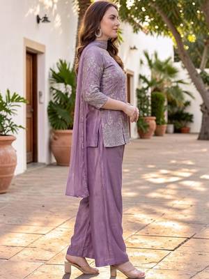Women Ethnic Motifs Embroidered Regular Thread Work Silk Chiffon Kurta with Palazzos & With Dupatta 6