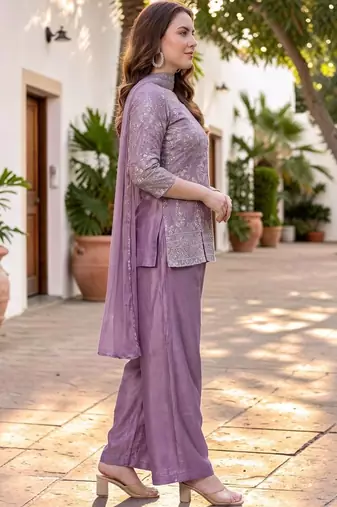 Women Ethnic Motifs Embroidered Regular Thread Work Silk Chiffon Kurta with Palazzos & With Dupatta