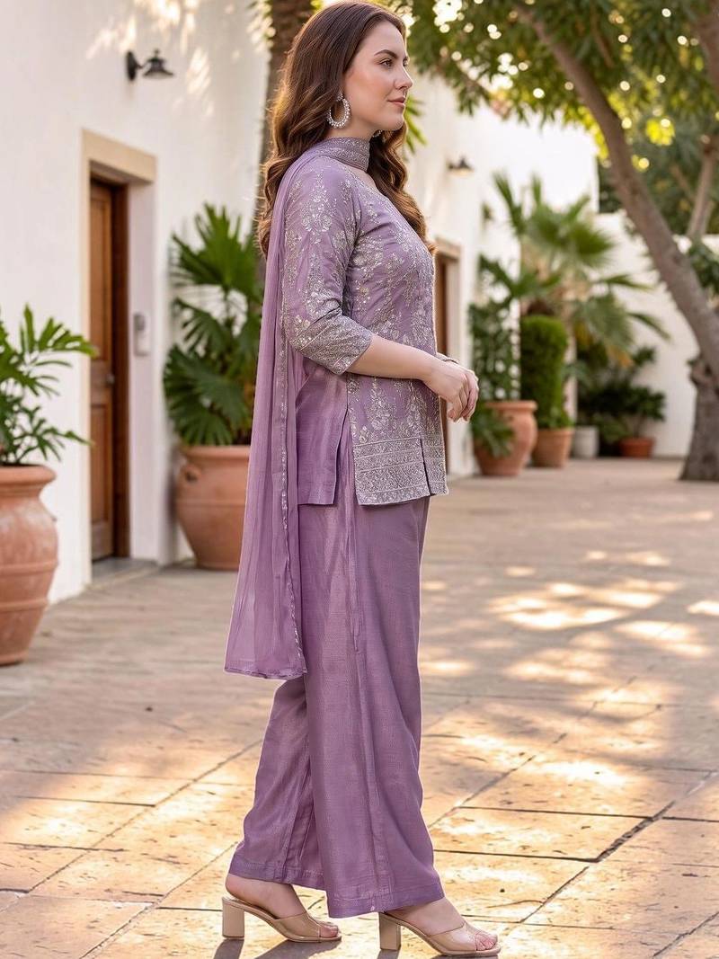Women Ethnic Motifs Embroidered Regular Thread Work Silk Chiffon Kurta with Palazzos & With Dupatta