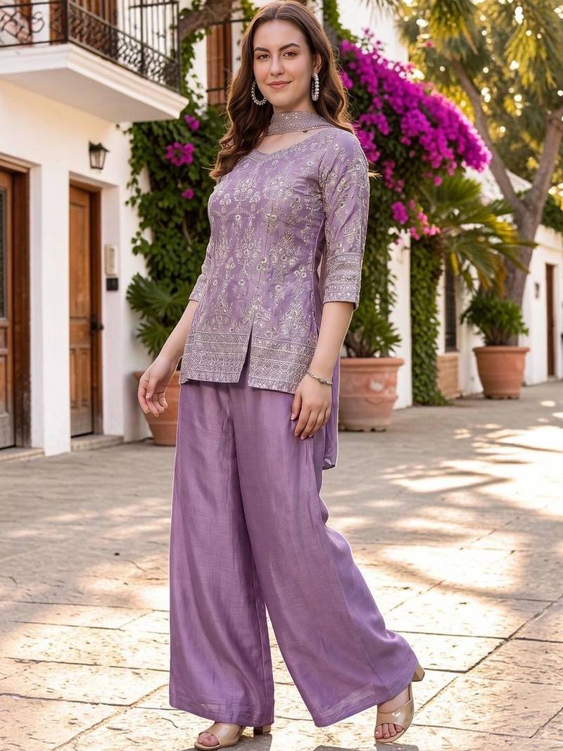 Women Ethnic Motifs Embroidered Regular Thread Work Silk Chiffon Kurta with Palazzos & With Dupatta