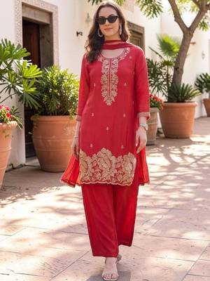 Women Ethnic Motifs Embroidered Regular Thread Work Silk Crepe Kurta with Palazzos & With Dupatta 1