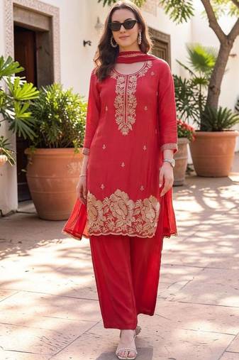Women Ethnic Motifs Embroidered Regular Thread Work Silk Crepe Kurta with Palazzos & With Dupatta