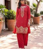 Women Ethnic Motifs Embroidered Regular Thread Work Silk Crepe Kurta with Palazzos & With Dupatta