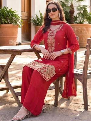 Women Ethnic Motifs Embroidered Regular Thread Work Silk Crepe Kurta with Palazzos & With Dupatta 2