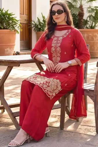 Women Ethnic Motifs Embroidered Regular Thread Work Silk Crepe Kurta with Palazzos & With Dupatta
