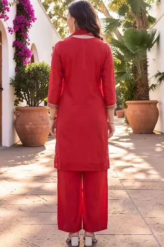 Women Ethnic Motifs Embroidered Regular Thread Work Silk Crepe Kurta with Palazzos & With Dupatta