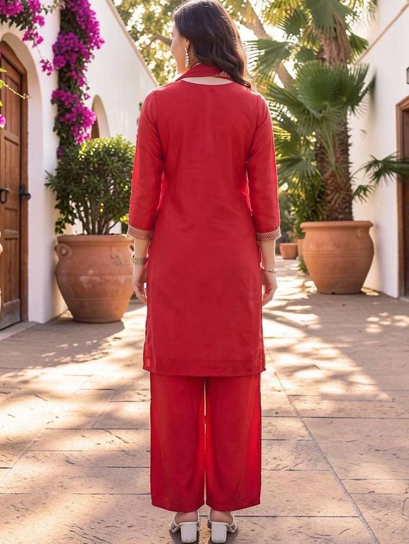 Women Ethnic Motifs Embroidered Regular Thread Work Silk Crepe Kurta with Palazzos & With Dupatta