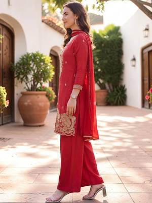 Women Ethnic Motifs Embroidered Regular Thread Work Silk Crepe Kurta with Palazzos & With Dupatta 4