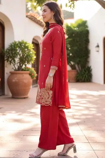 Women Ethnic Motifs Embroidered Regular Thread Work Silk Crepe Kurta with Palazzos & With Dupatta