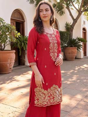 Women Ethnic Motifs Embroidered Regular Thread Work Silk Crepe Kurta with Palazzos & With Dupatta 5