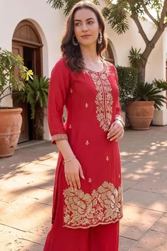 Women Ethnic Motifs Embroidered Regular Thread Work Silk Crepe Kurta with Palazzos & With Dupatta