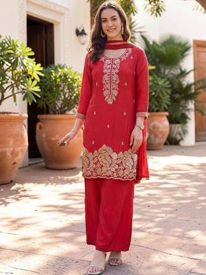 Women Ethnic Motifs Embroidered Regular Thread Work Silk Crepe Kurta with Palazzos & With Dupatta 6