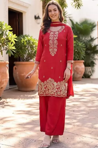 Women Ethnic Motifs Embroidered Regular Thread Work Silk Crepe Kurta with Palazzos & With Dupatta